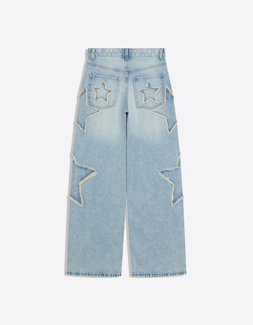 Low-rise boyfriend jeans with stars-Light blue