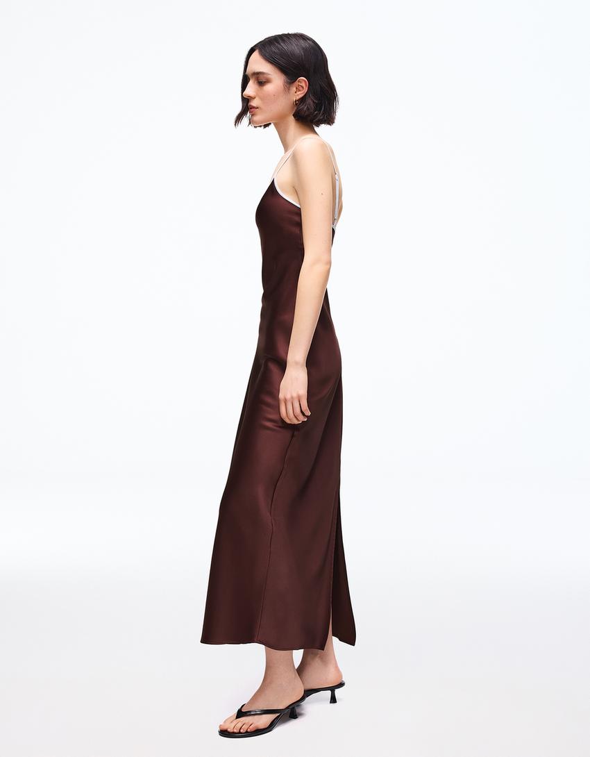 Rochie midi satin bretele-Ciocolată