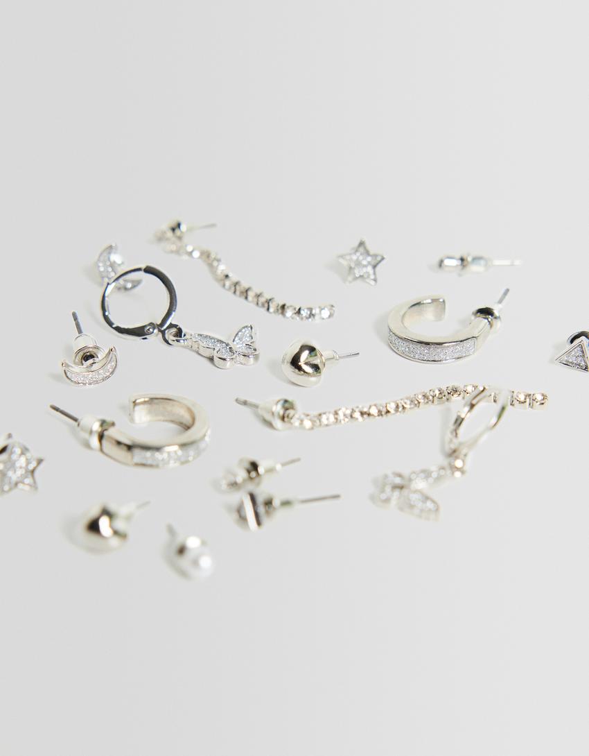 Lot 9 boucles d’oreilles pierres fantaisie-Argent-2