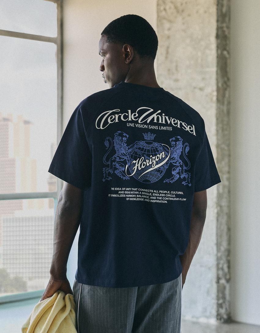 Short sleeve raglan print T-shirt-Navy