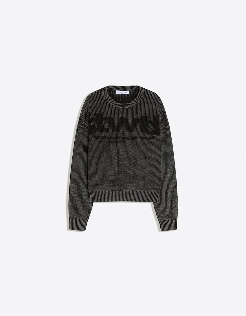 Washed effect print jumper-Black