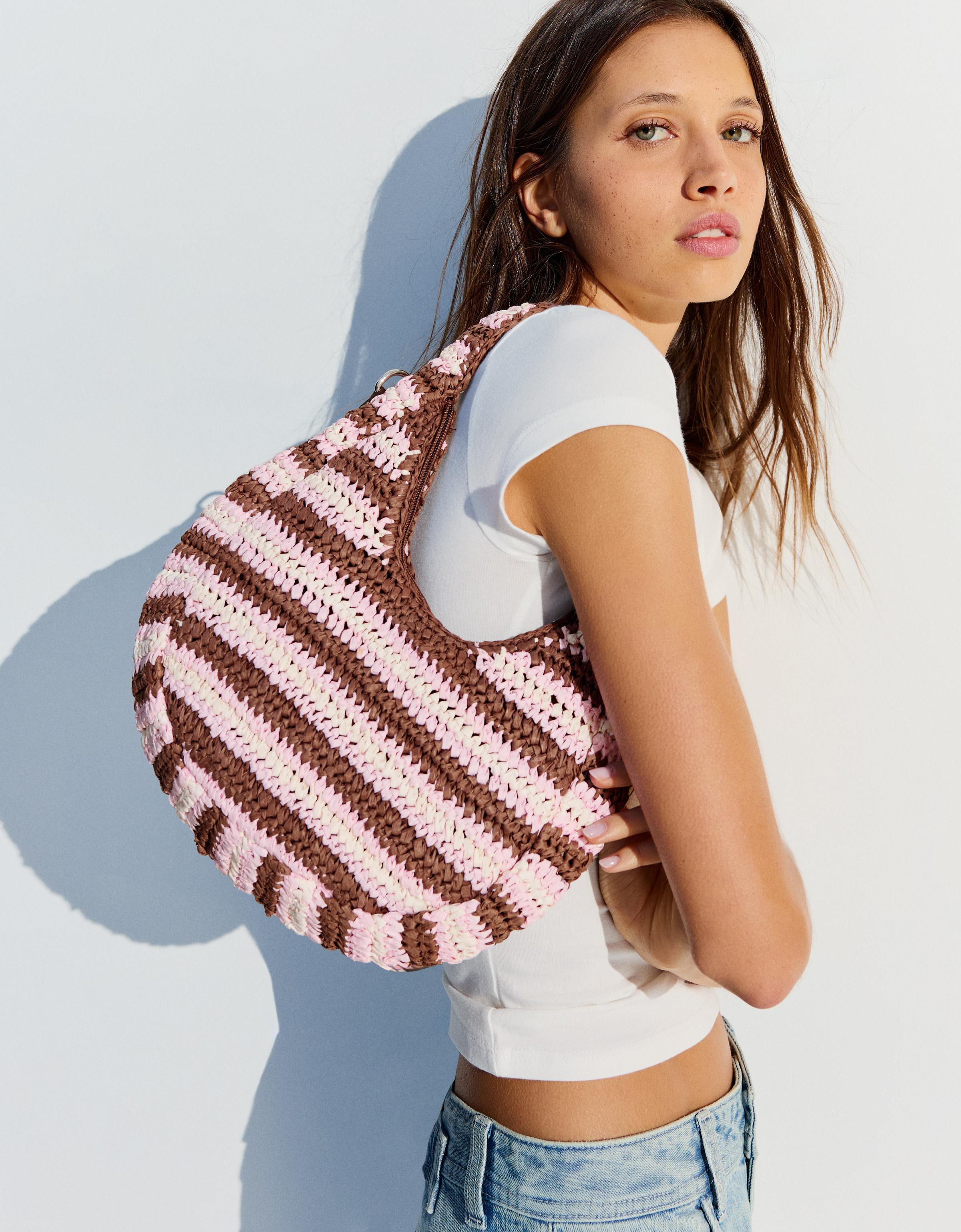 Bolso Rafia Rayas Mujer Rosa