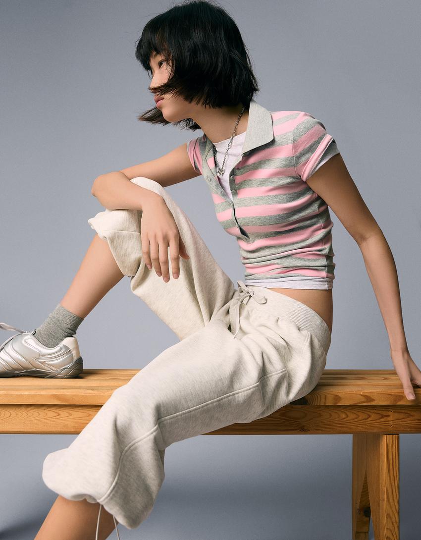 Striped short sleeve polo shirt-Pink