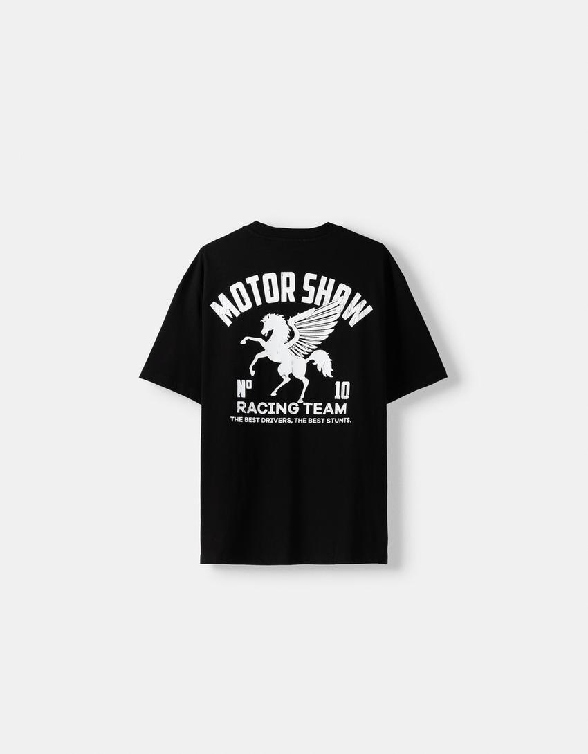 Тениска с къс ръкав, щампа и квадратна кройка-Черно-5