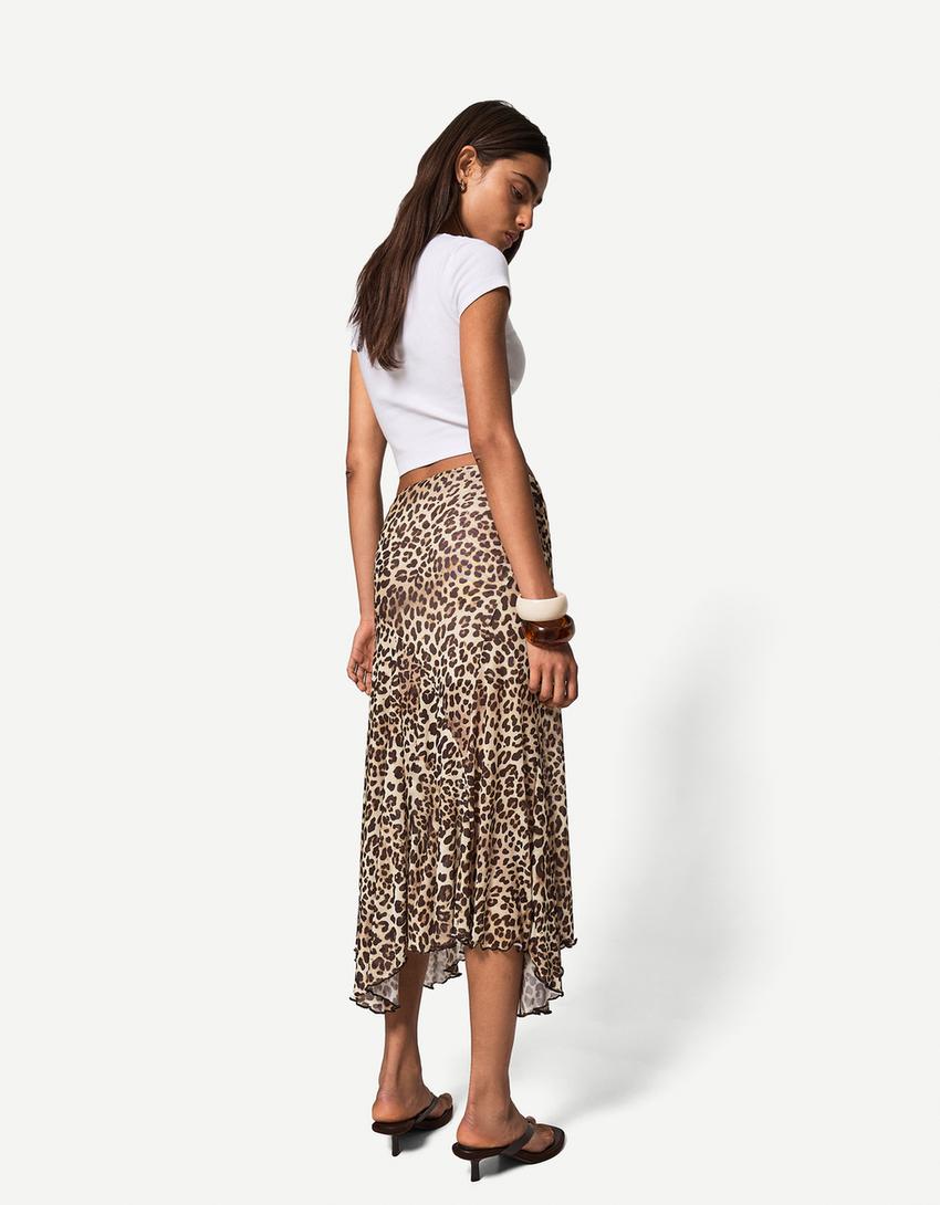 Tulle printed midi skirt with ruffles-Cream