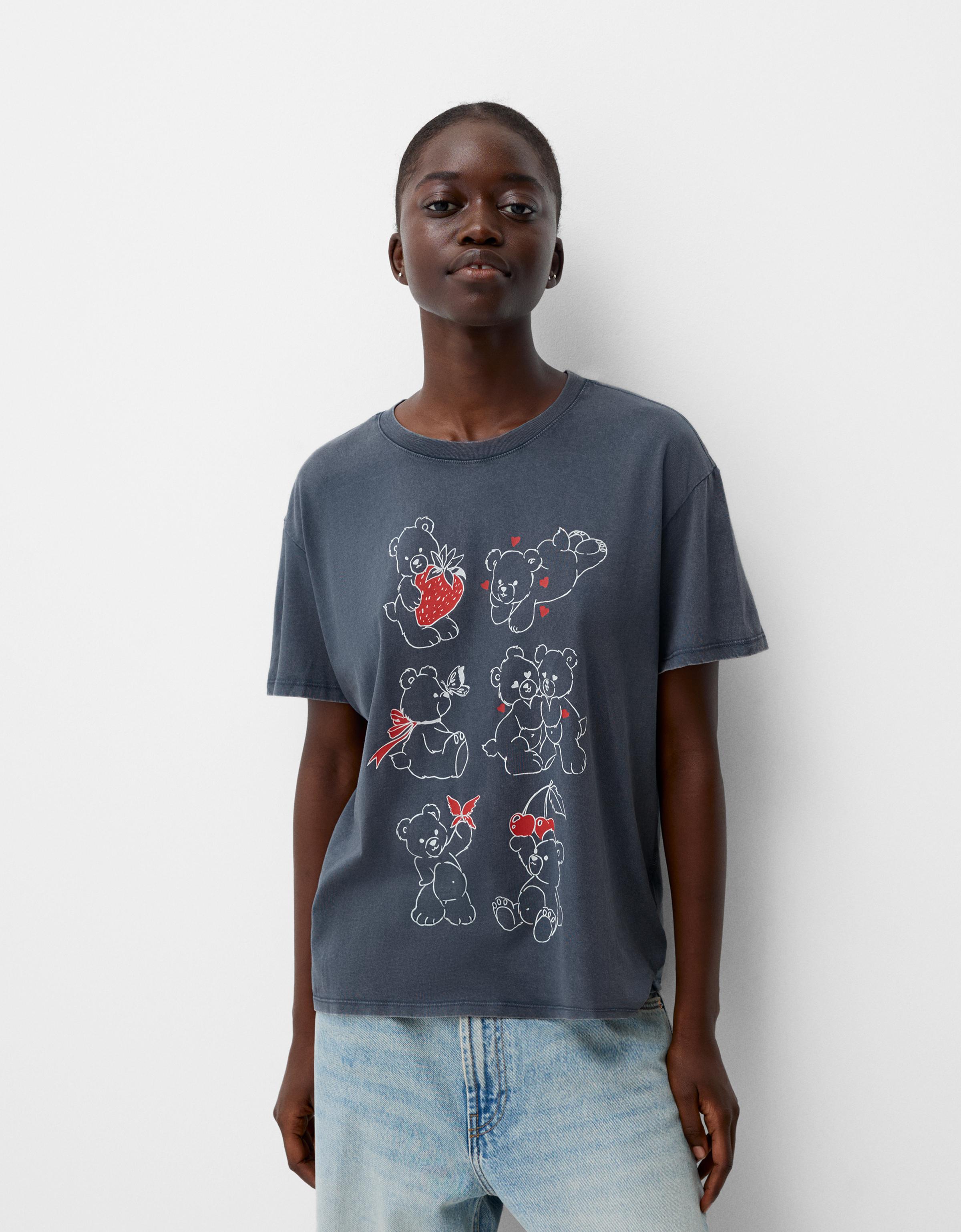 Bershka T-Shirt Mit Print Damen L Marinenblau