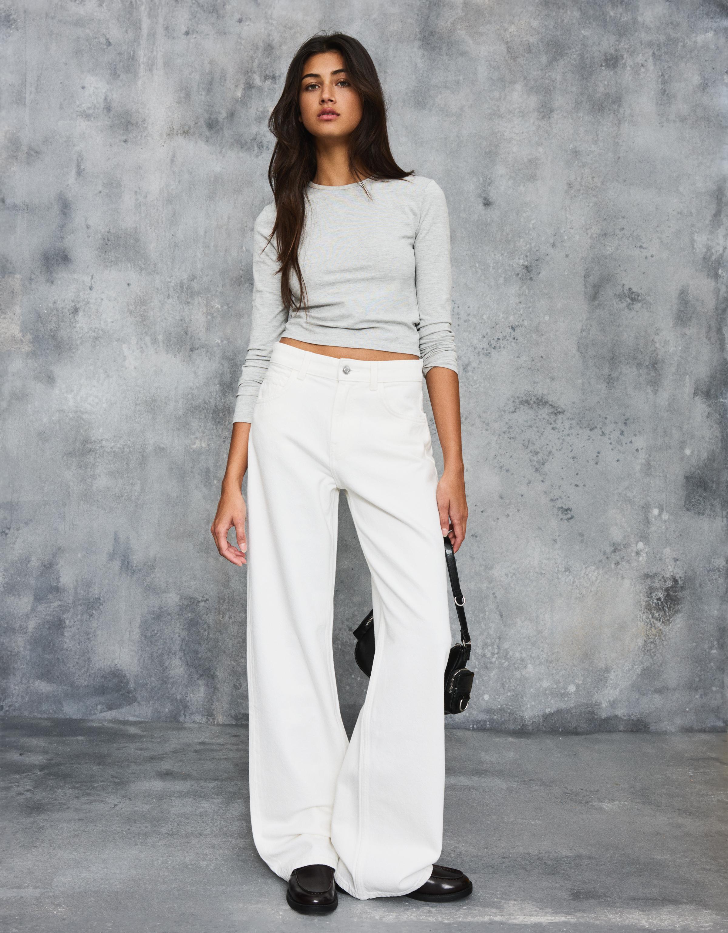 Bershka Jeans Mit Weitem Bein, Geradem Schnitt Und Hohem Bund Damen 36 Rohweiß