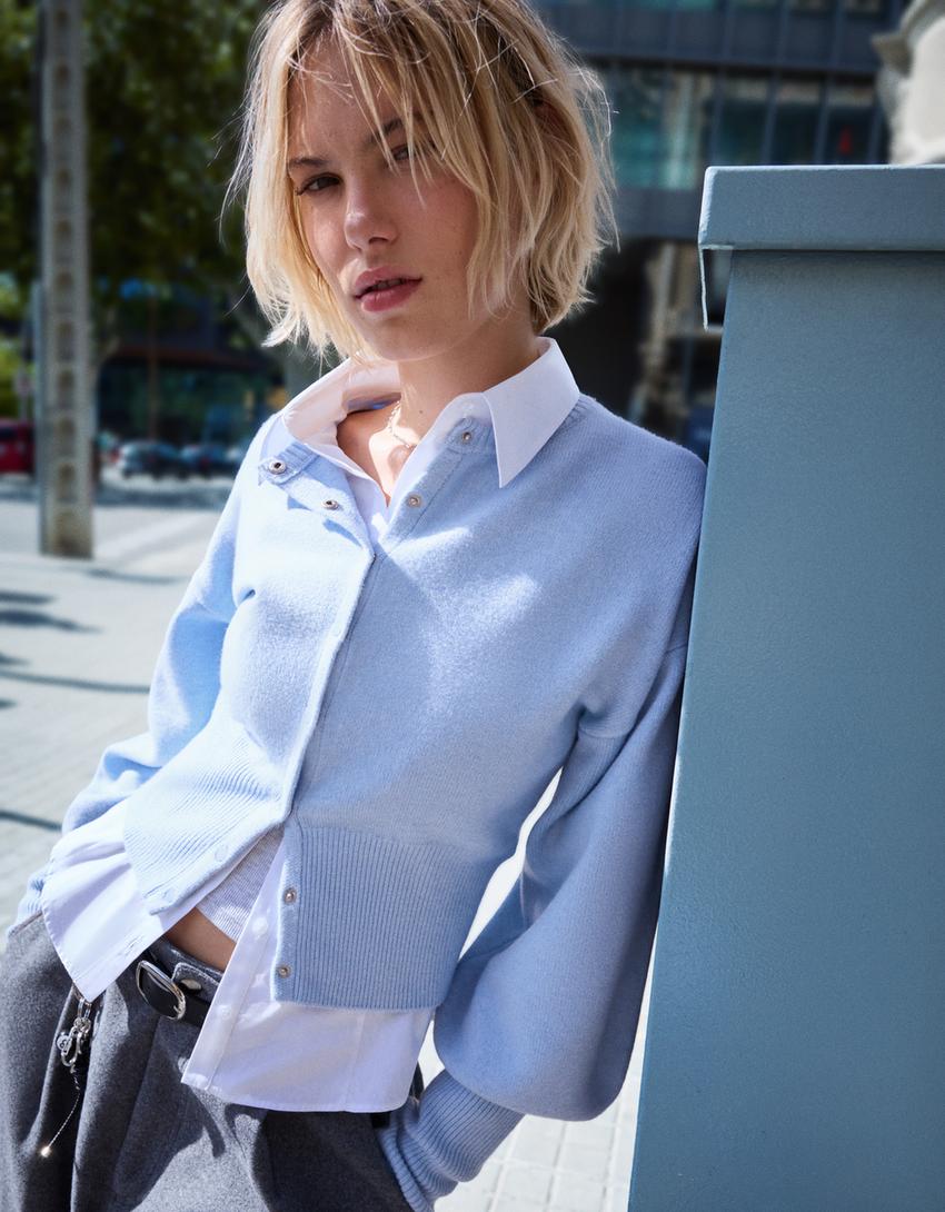 Strak ribcord vest-Lichtblauw