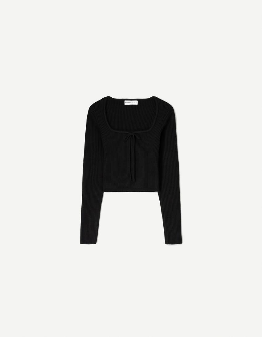 Sweater with a square neckline and bow-Black-1