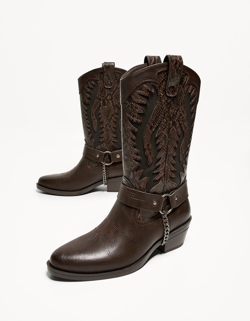 Állatbőr mintás cowboycsizma-Barna-1