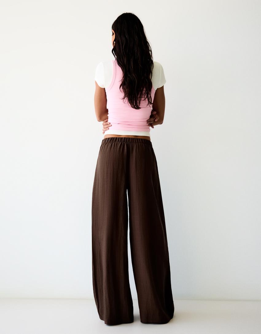 Wide-leg rustic pleated trousers-Brown