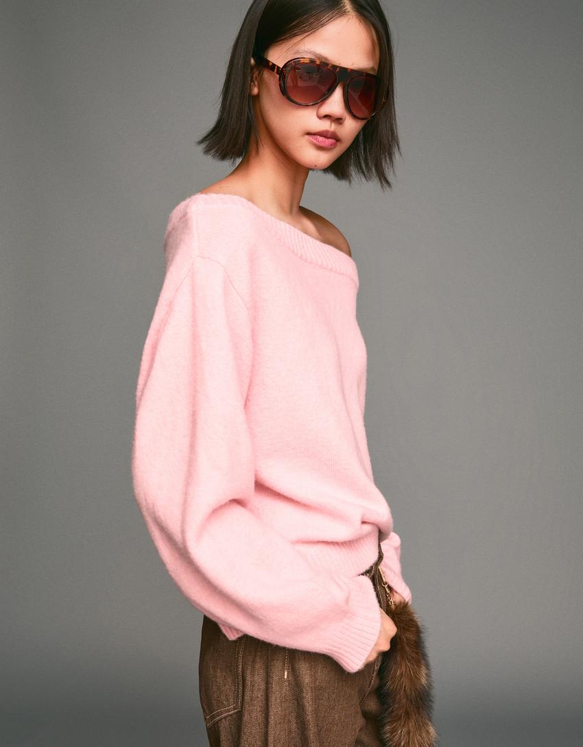 Ribbed sweater with Bardot neckline-Pink