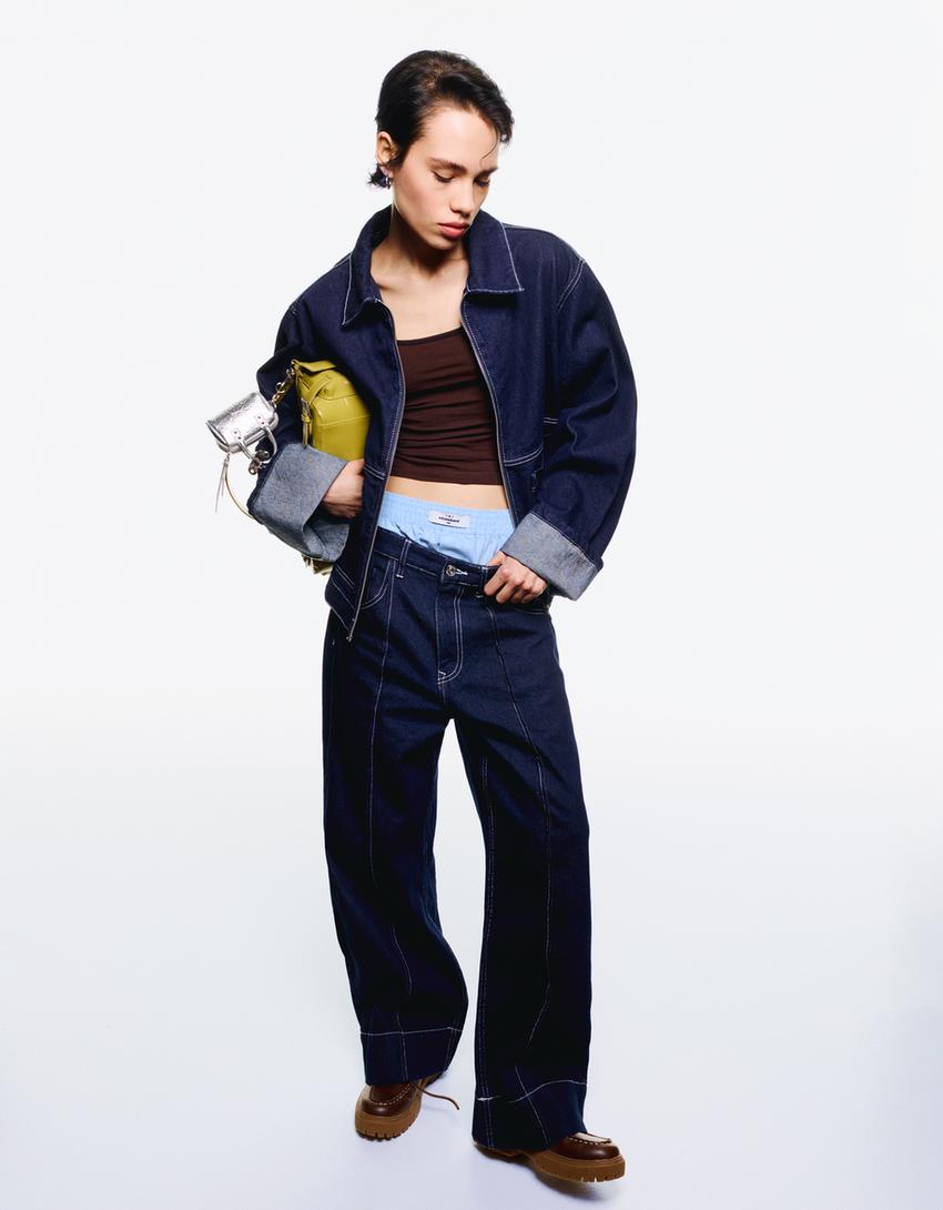 Denim overshirt with seam detail-Navy-2