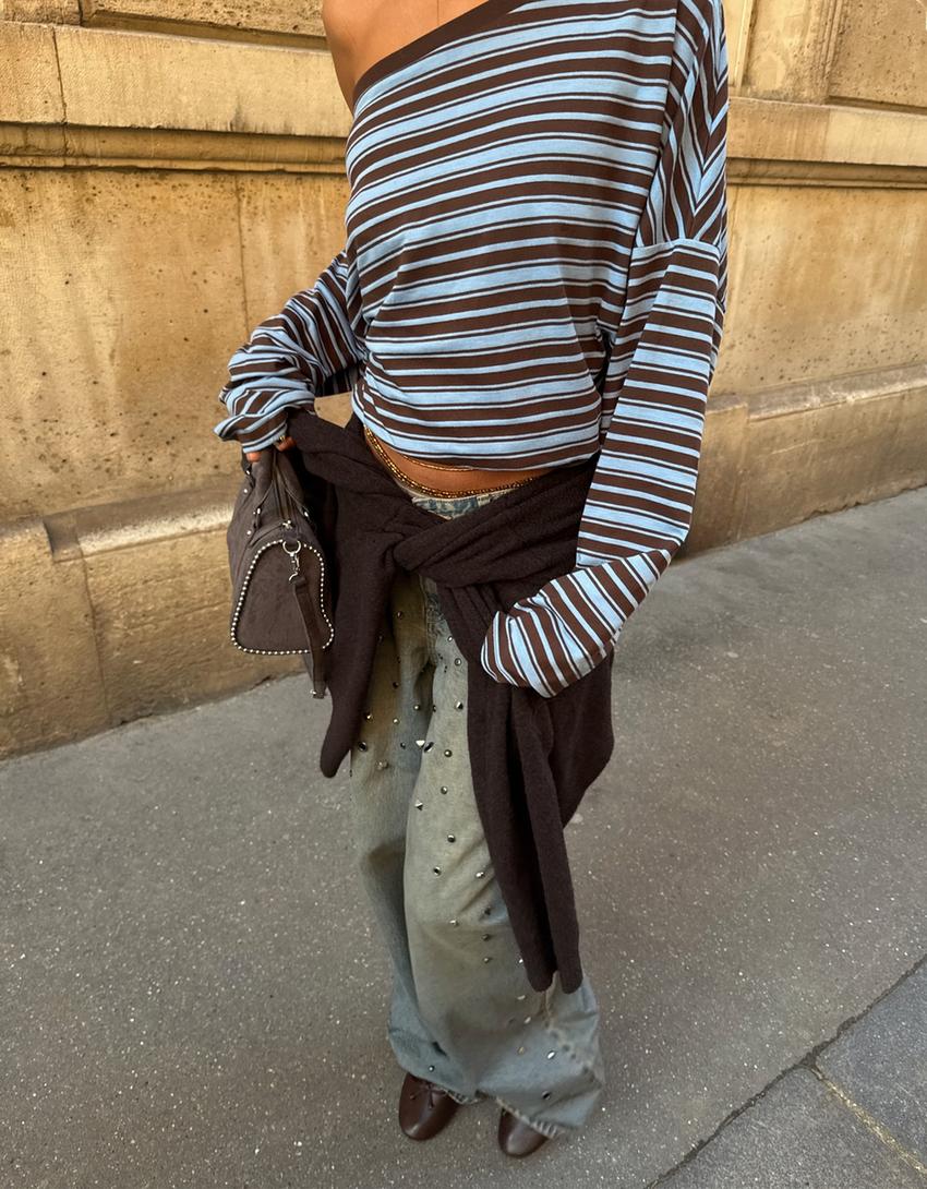 Langarmshirt mit asymmetrischem Kragen und Print-Hellblau