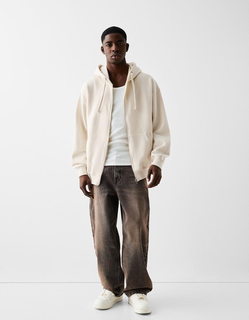 Суитшърт с качулка и цип-Мръснобяло-3