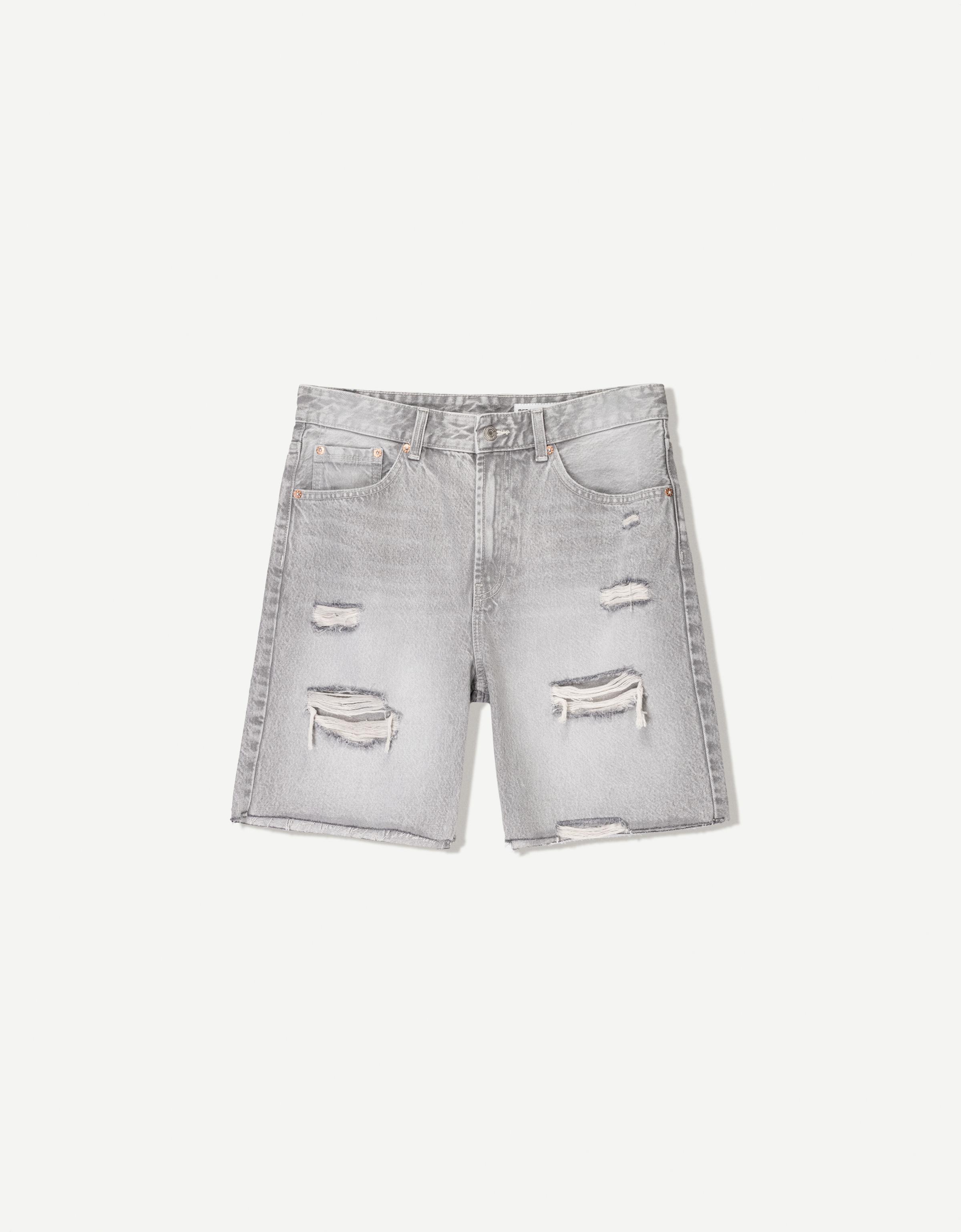 Bershka Jeans-Bermudashorts Mit Rissen Herren 42 Grau