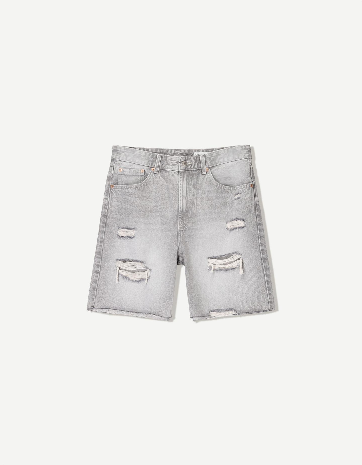 Bershka bermudy jeansowe z przetarciami szary