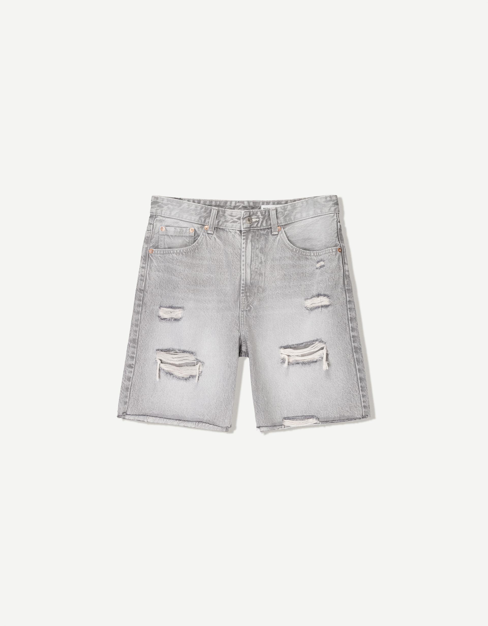 Pantalones Vaqueros Cortos Short Vaquero Gris Bermuda Denim Rotos