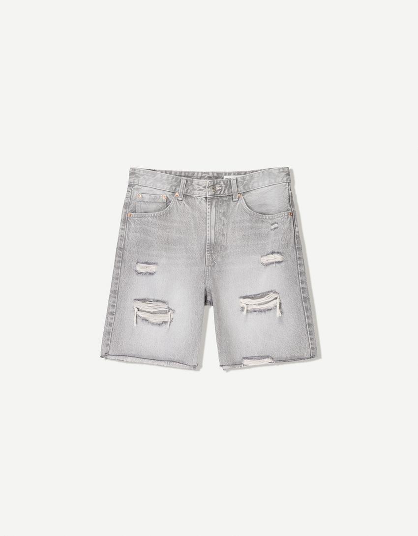 Ripped denim Bermuda shorts-Grey