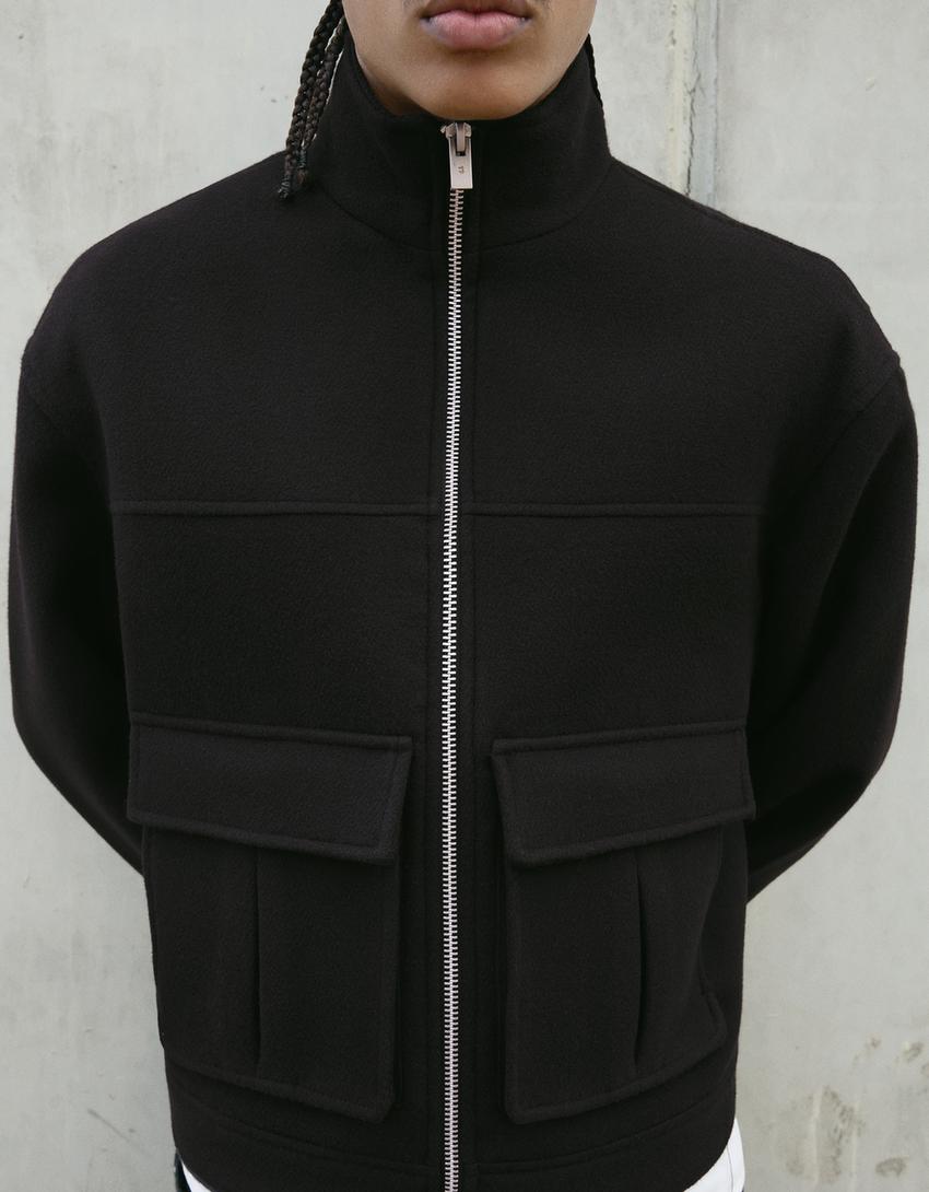 Felt texture jacket with zip-Black