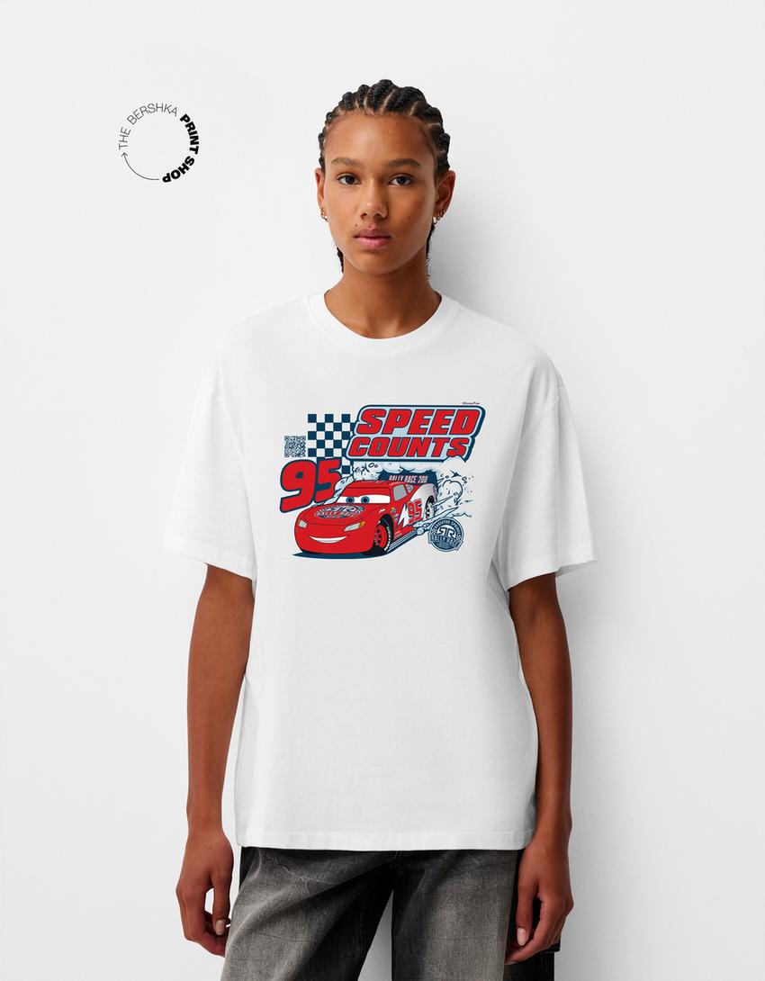T-shirt met auto's, korte mouw en digitale filter-Wit