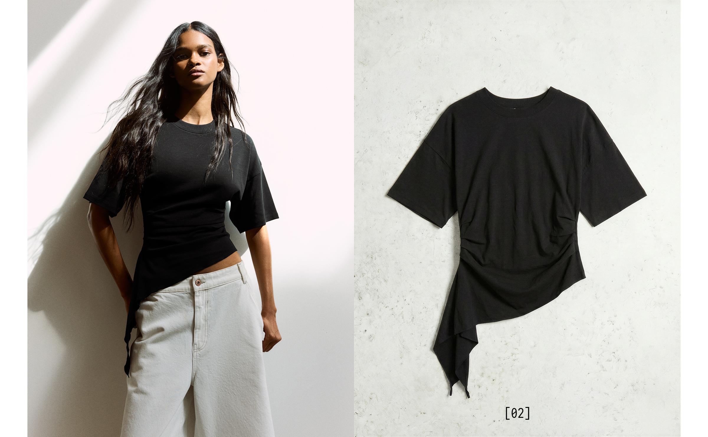 Short sleeve gathered T-shirt — Black