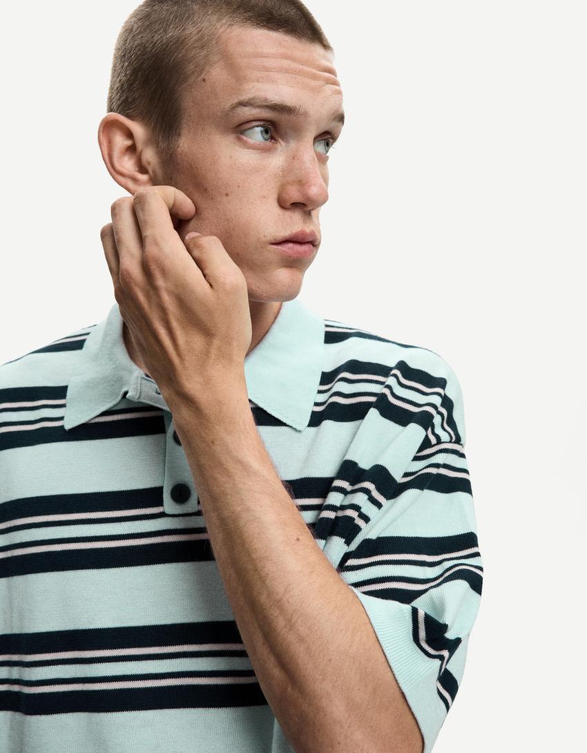 Çizgili polo yaka t-shirt-Açık mavi-4