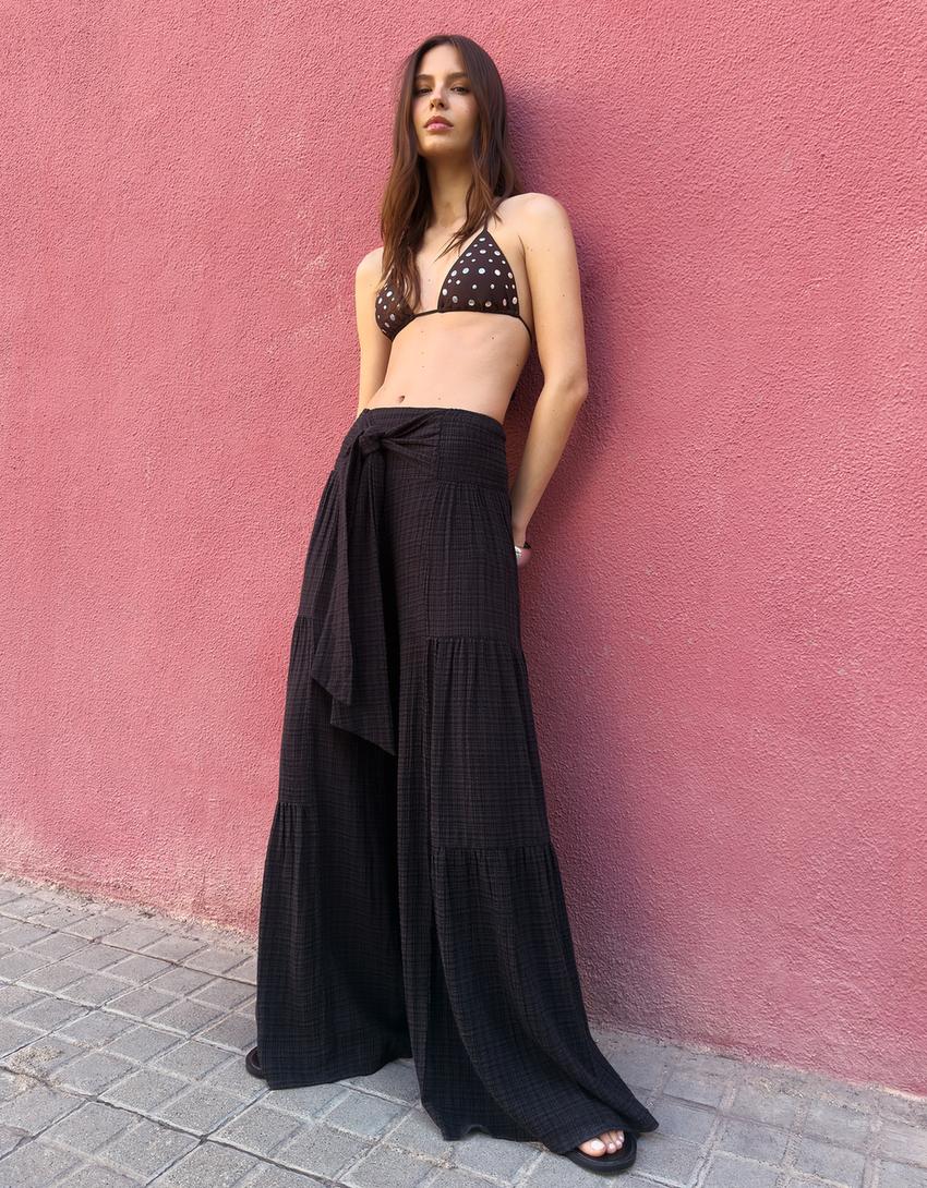 Broek met wide leg en structuur-Zwart