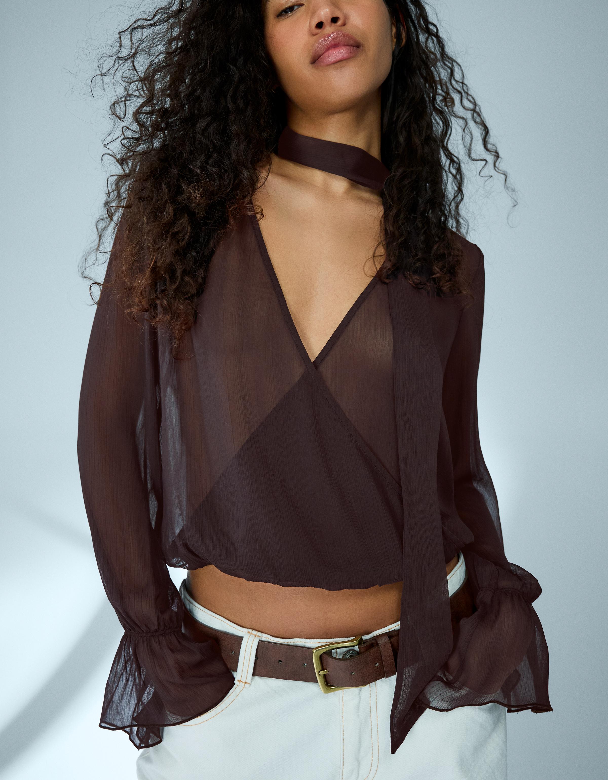 Bershka Bluse Mit Langen Ärmeln Und Wickeloptik Damen Xs Braun