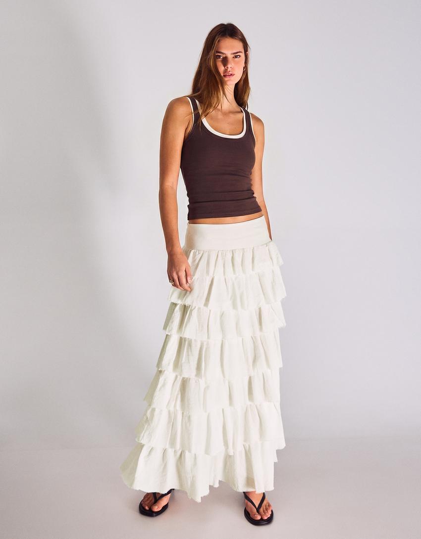 Saia midi rústica com babados-Off-white