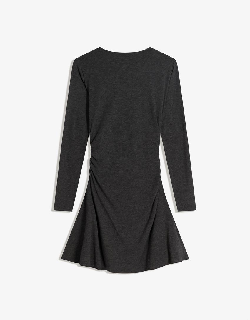 Vestido mini manga larga frunces-Gris oscuro