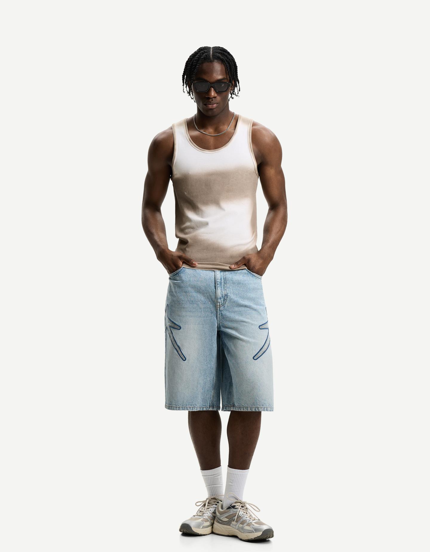 Bershka Bermuda Jort Parches Estrella Hombre 42 Azul Lavado