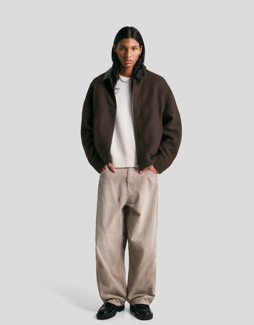 Synthetic wool jacket with contrast collar-Brown