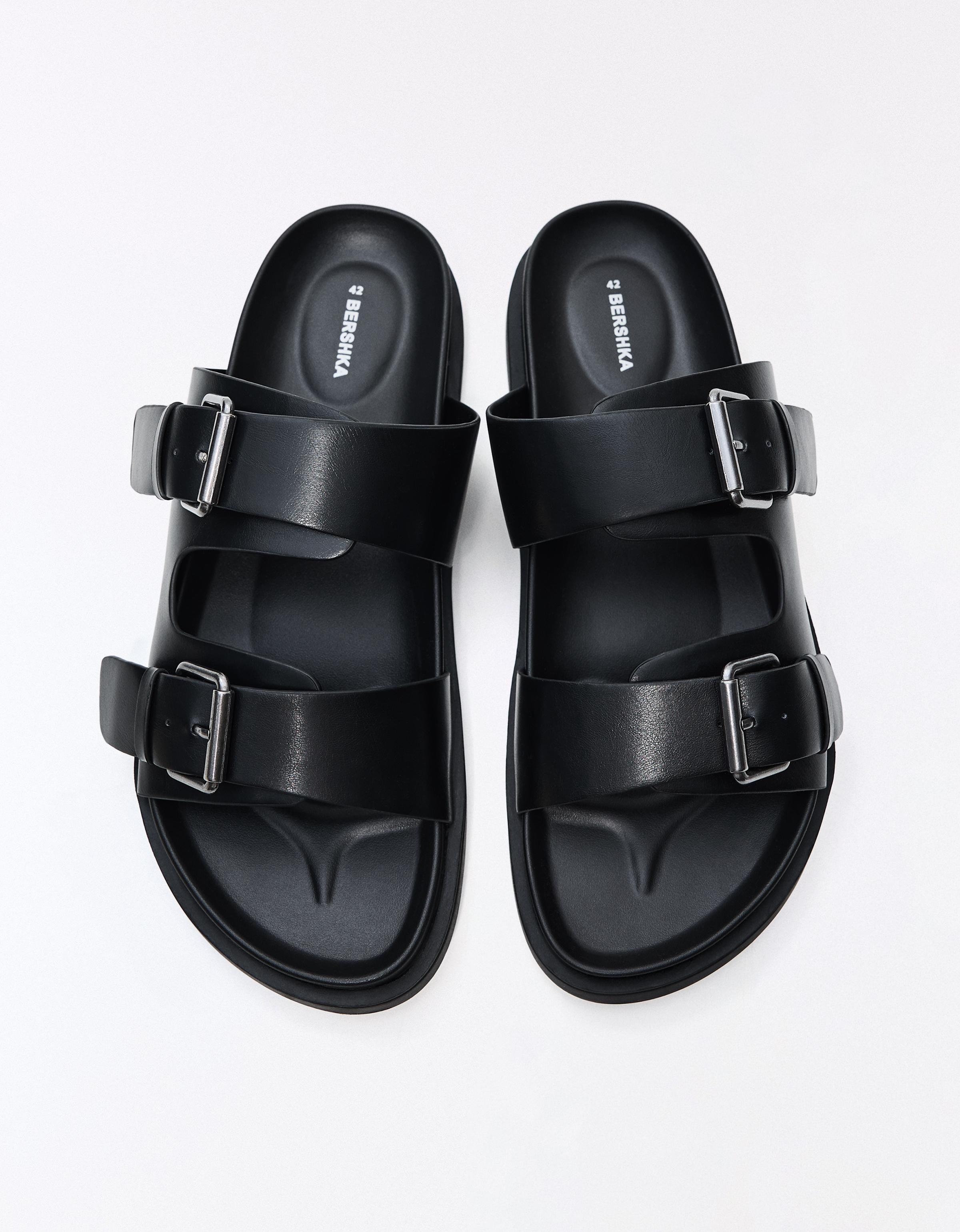 Buckled flat slider sandals — BLACK