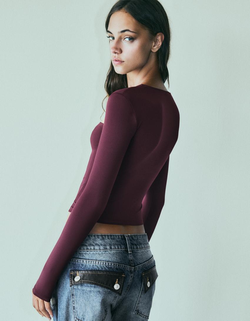 Polyamide cut out T-shirt-Burgundy