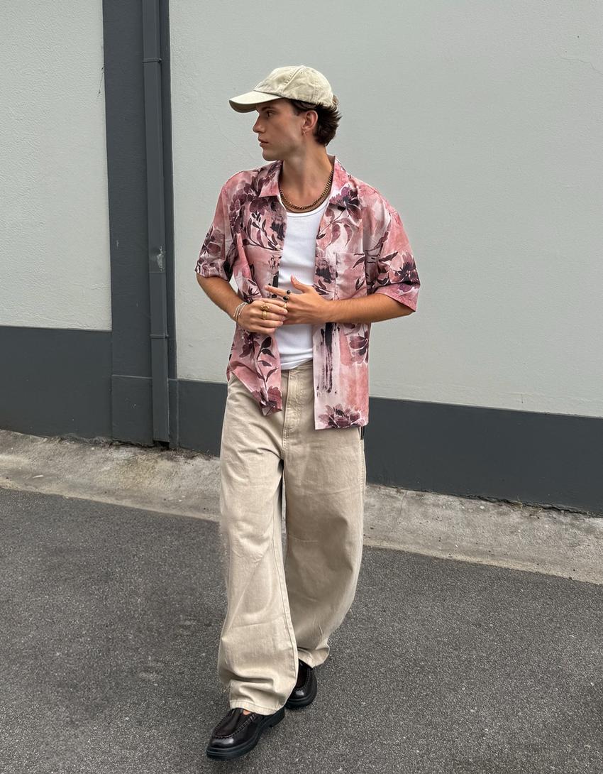 Printed short sleeve shirt-Pink-0