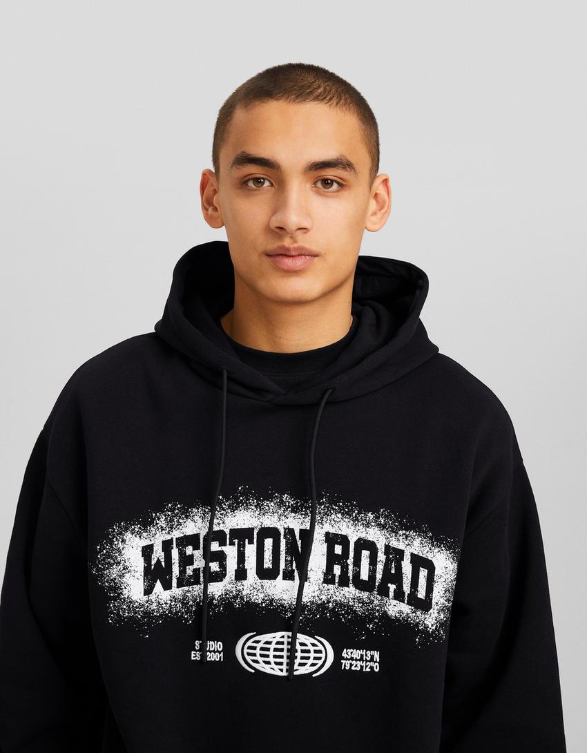 Boxy fit print hoodie-Black
