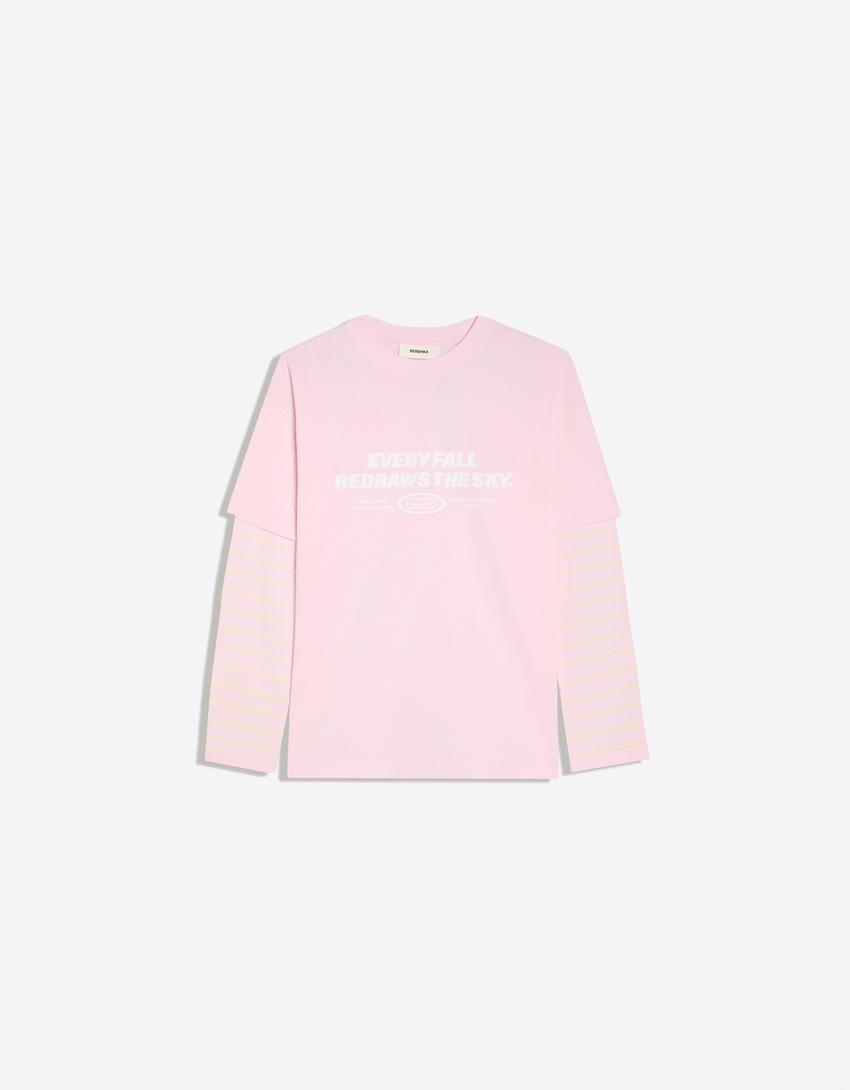 Oversize-T-Shirt mit doppeltem Ärmel und Print-Rosa