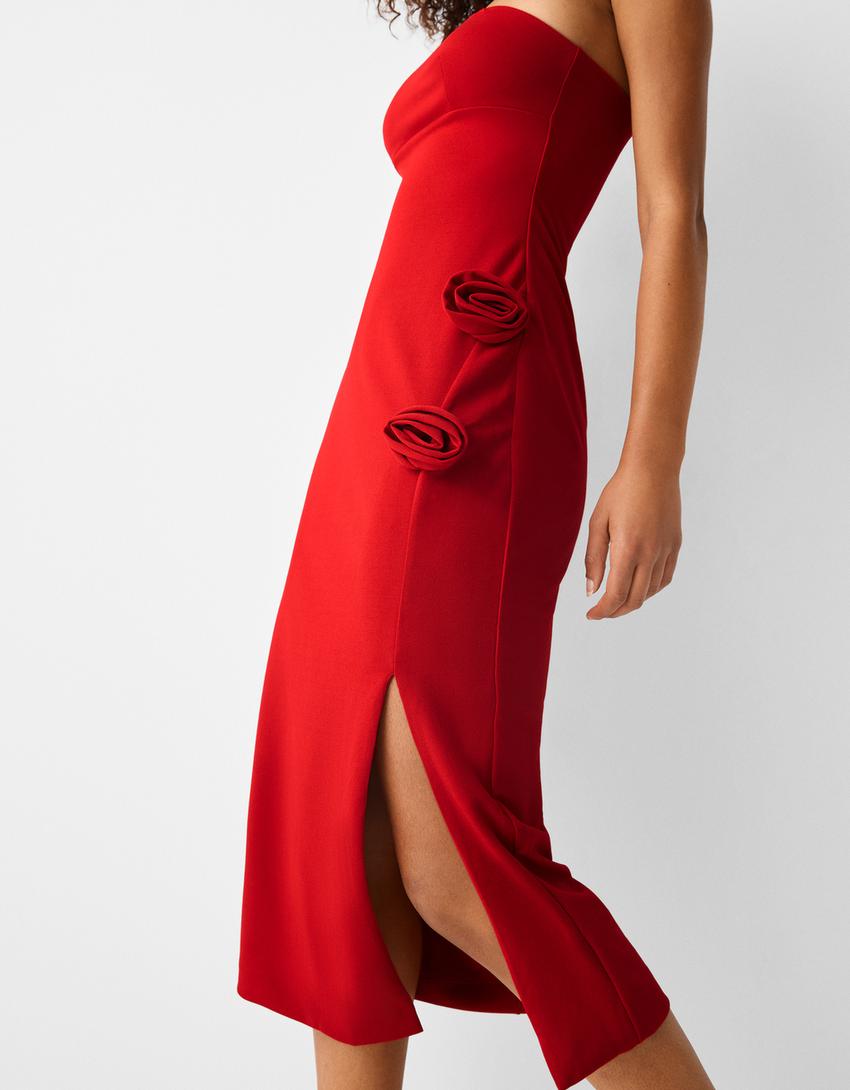 فستان شريطي متوسط الطول بتفصيل زهرة-أحمر-3