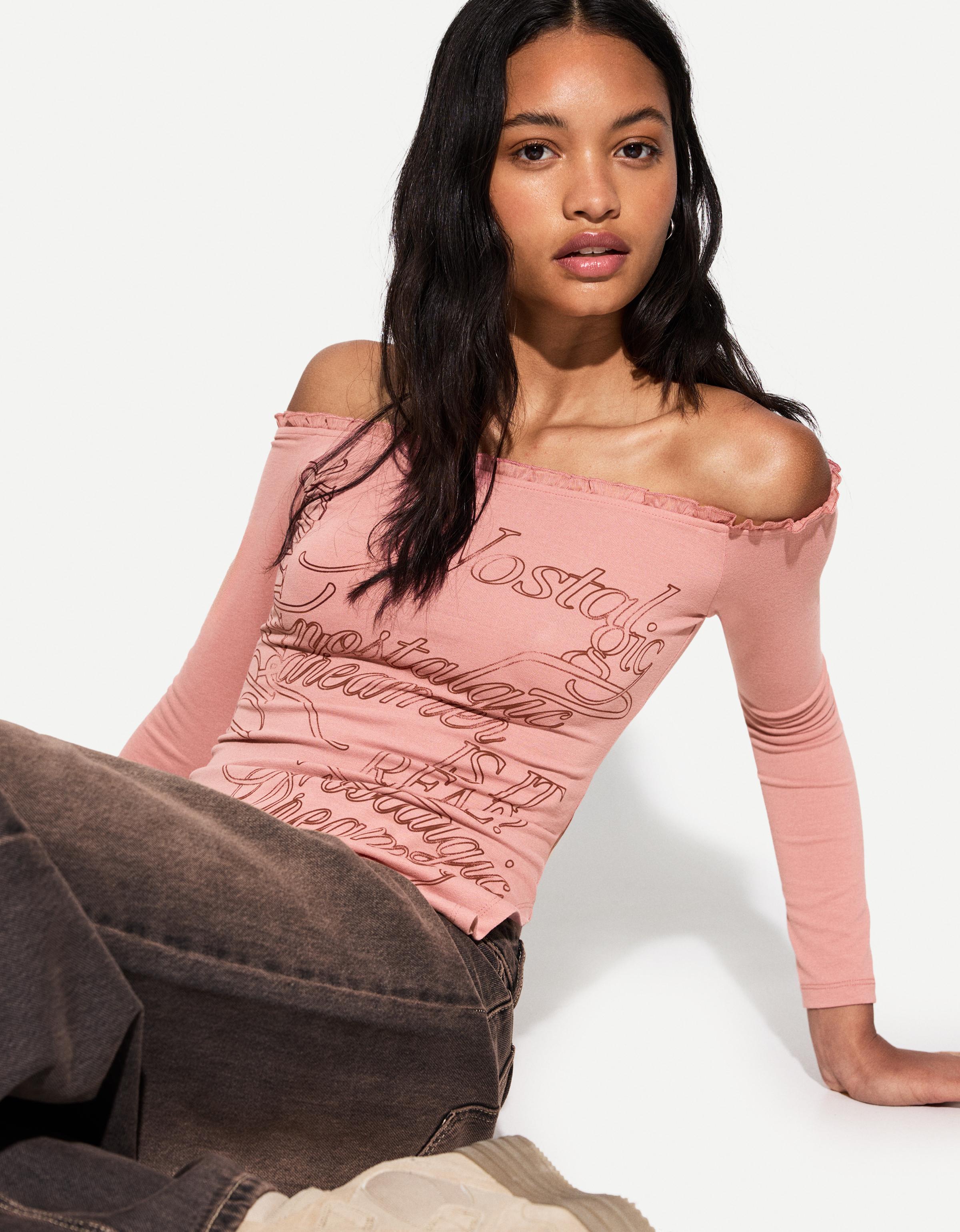 Bershka Asymmetrisches Langarmshirt Damen M Rosa