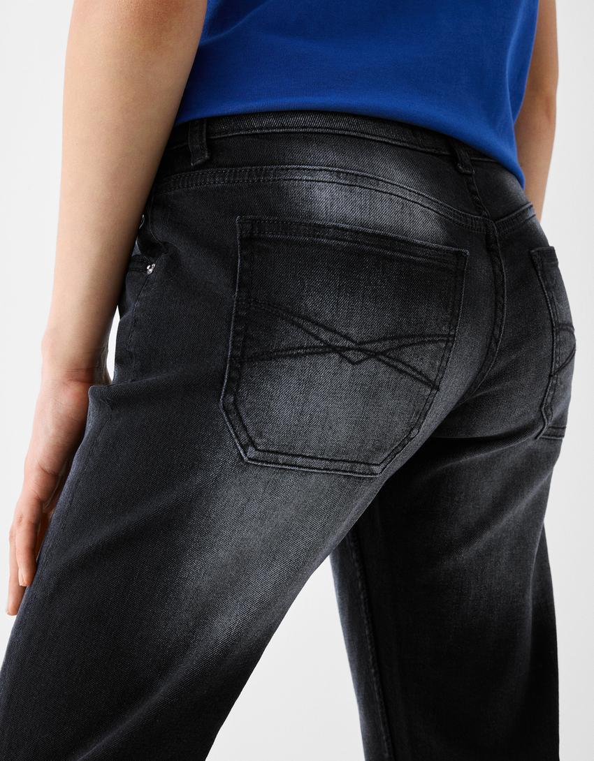 Düşük bel straight fit jean-Siyah-5