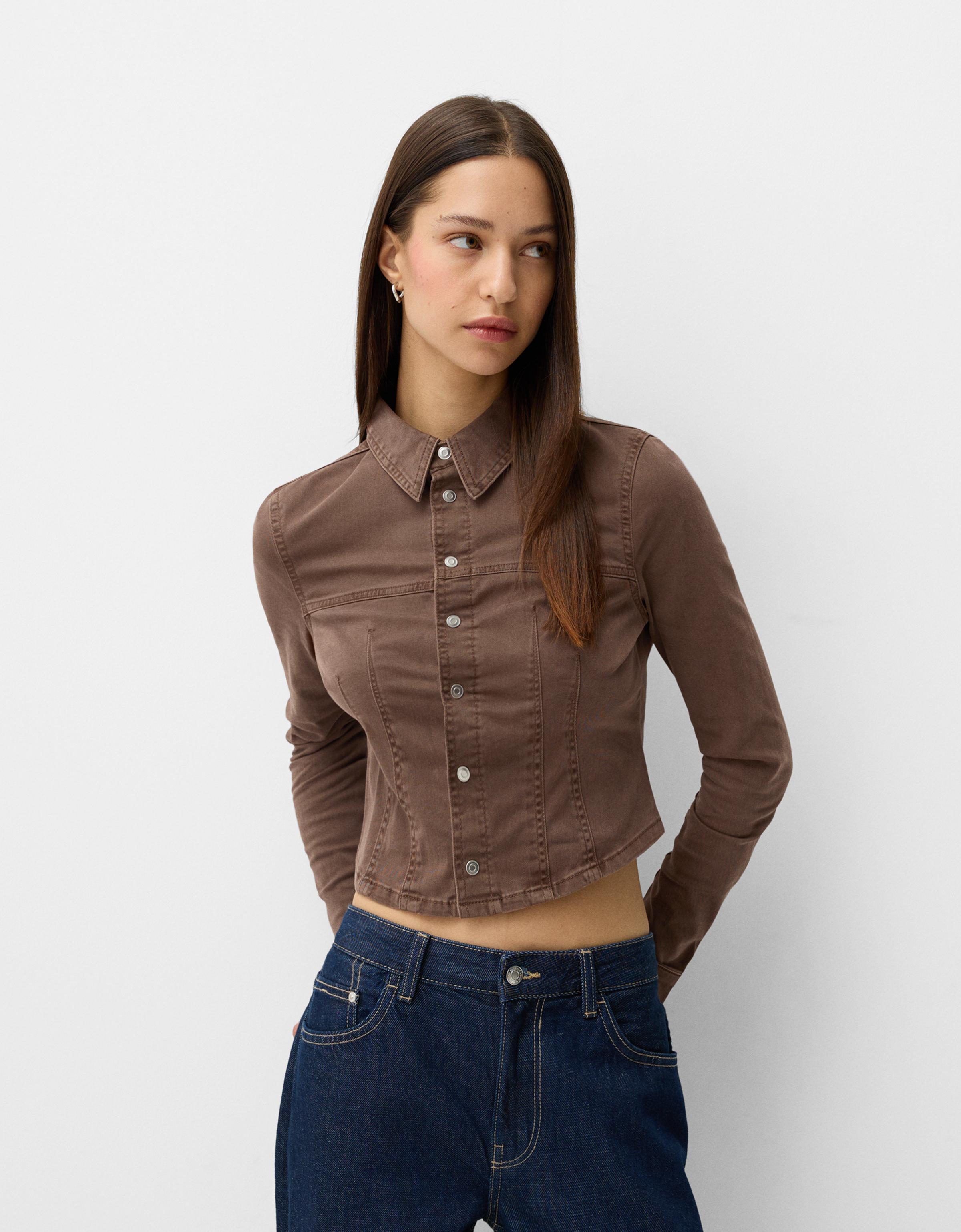 Bershka Figurbetontes Hemd Damen S Braun