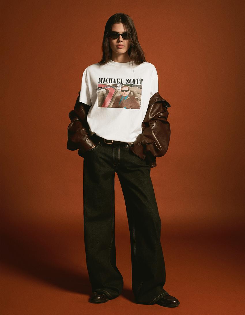 Michael Scott The Office -printtipaita, lyhythihainen-Murrettu valkoinen