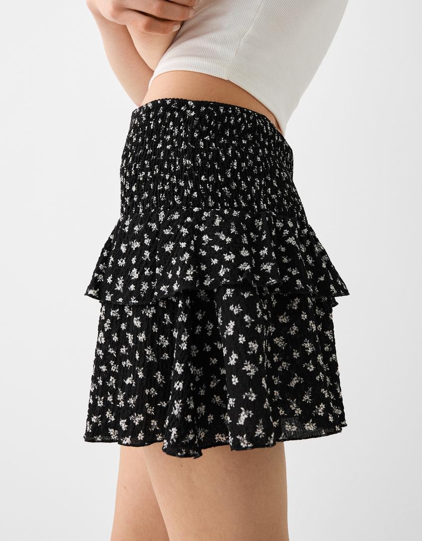 Printed waffle-knit mini skirt with ruffles-Black-5