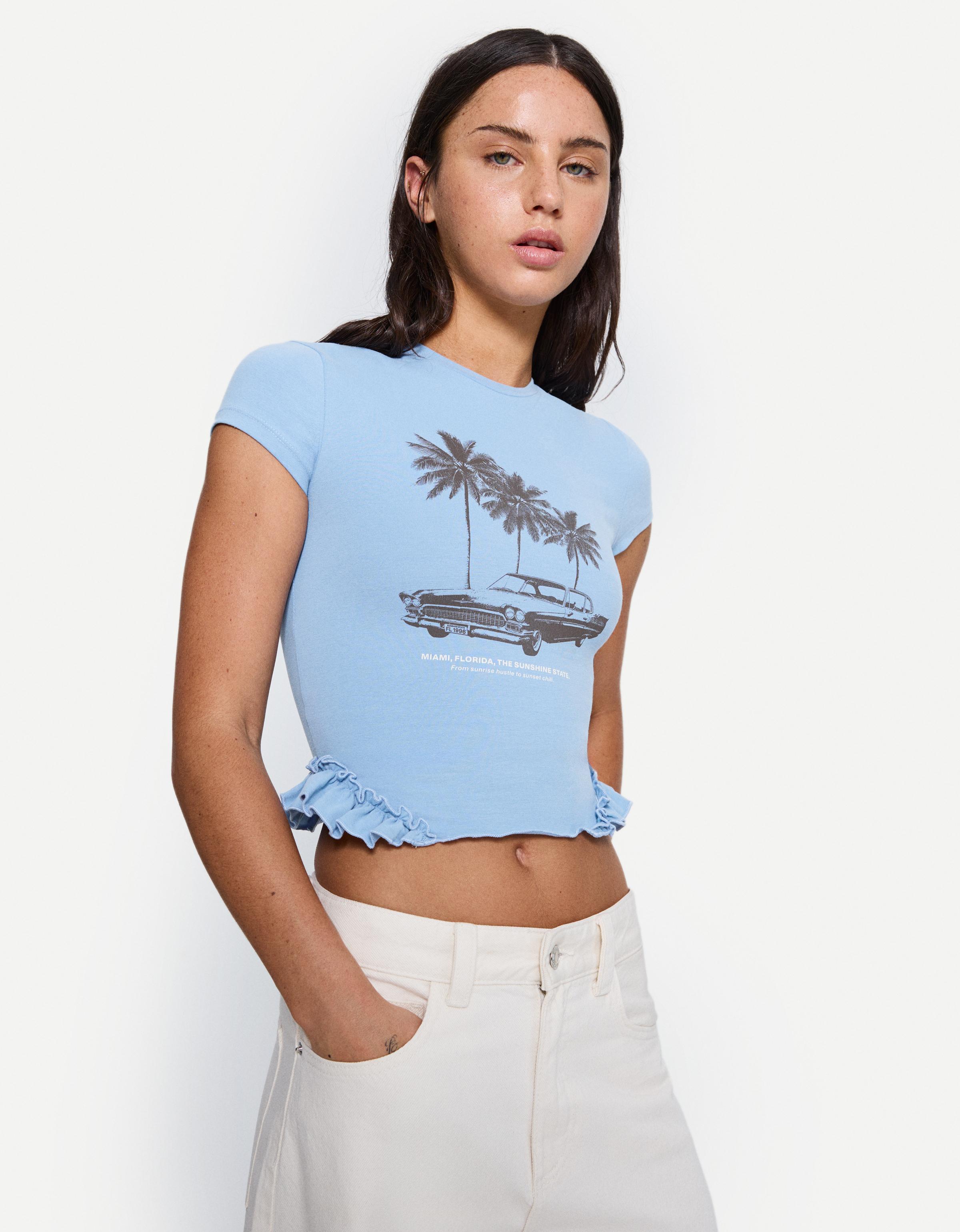 Bershka T-Shirt Mit Kurzen Ärmeln, Volants Und Print Damen Xs Blau