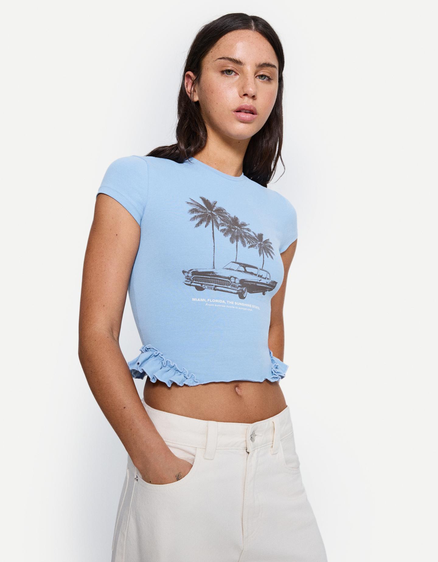 Bershka T-Shirt Manches Courtes Volants Imprimé Femme 10-12 Bleu
