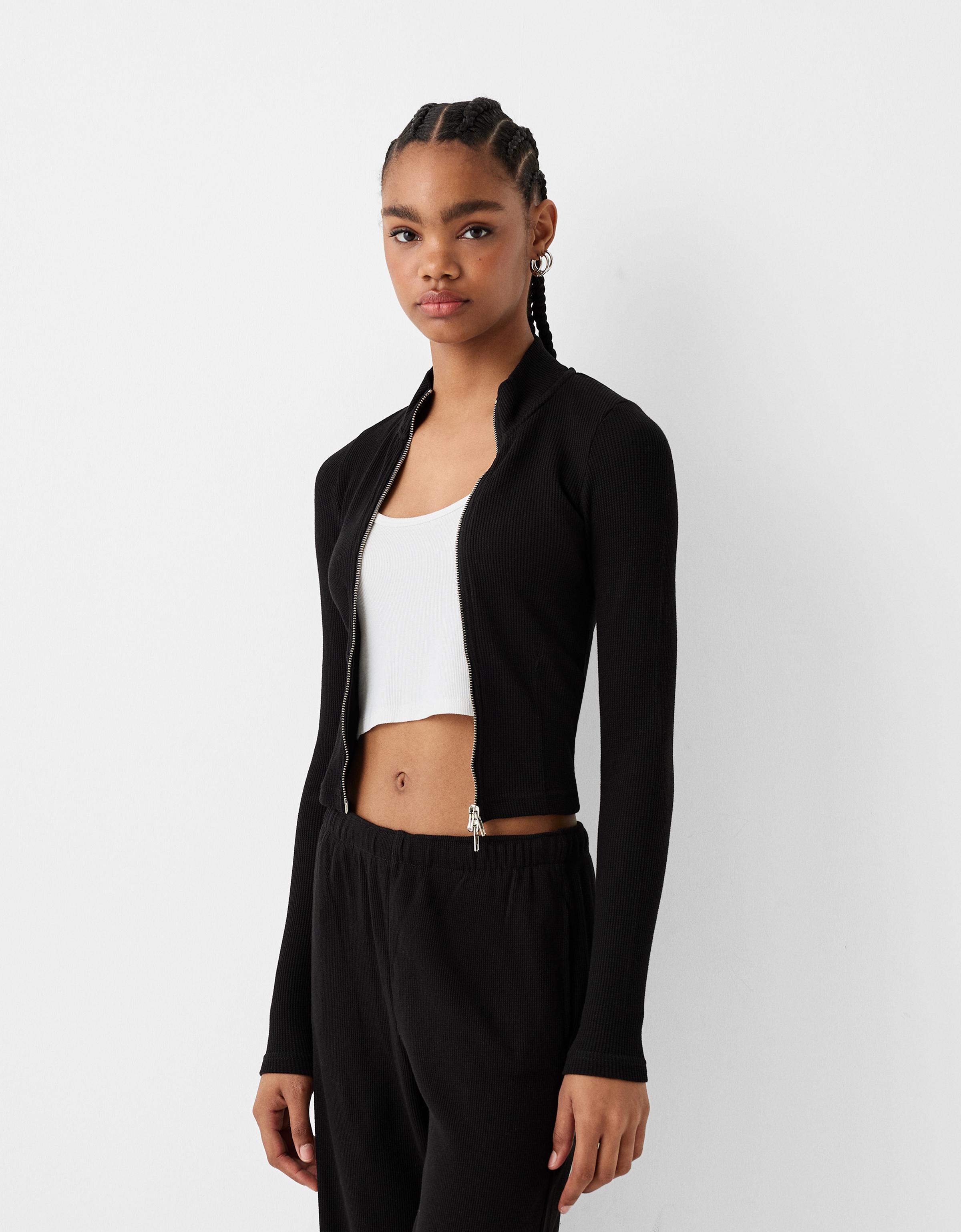 Bershka Jacke Aus Waffelgewebe Mit Langen Ärmeln Damen Xs Schwarz