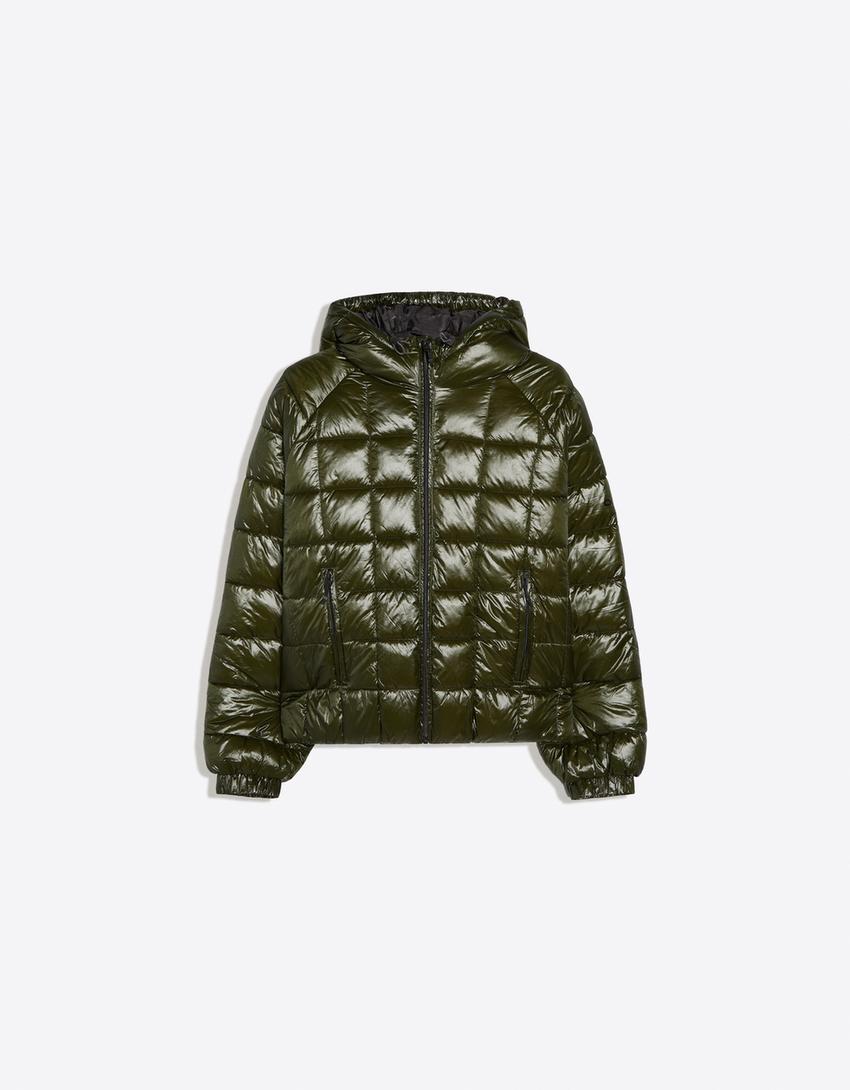 Hooded grid puffer jacket-Khaki