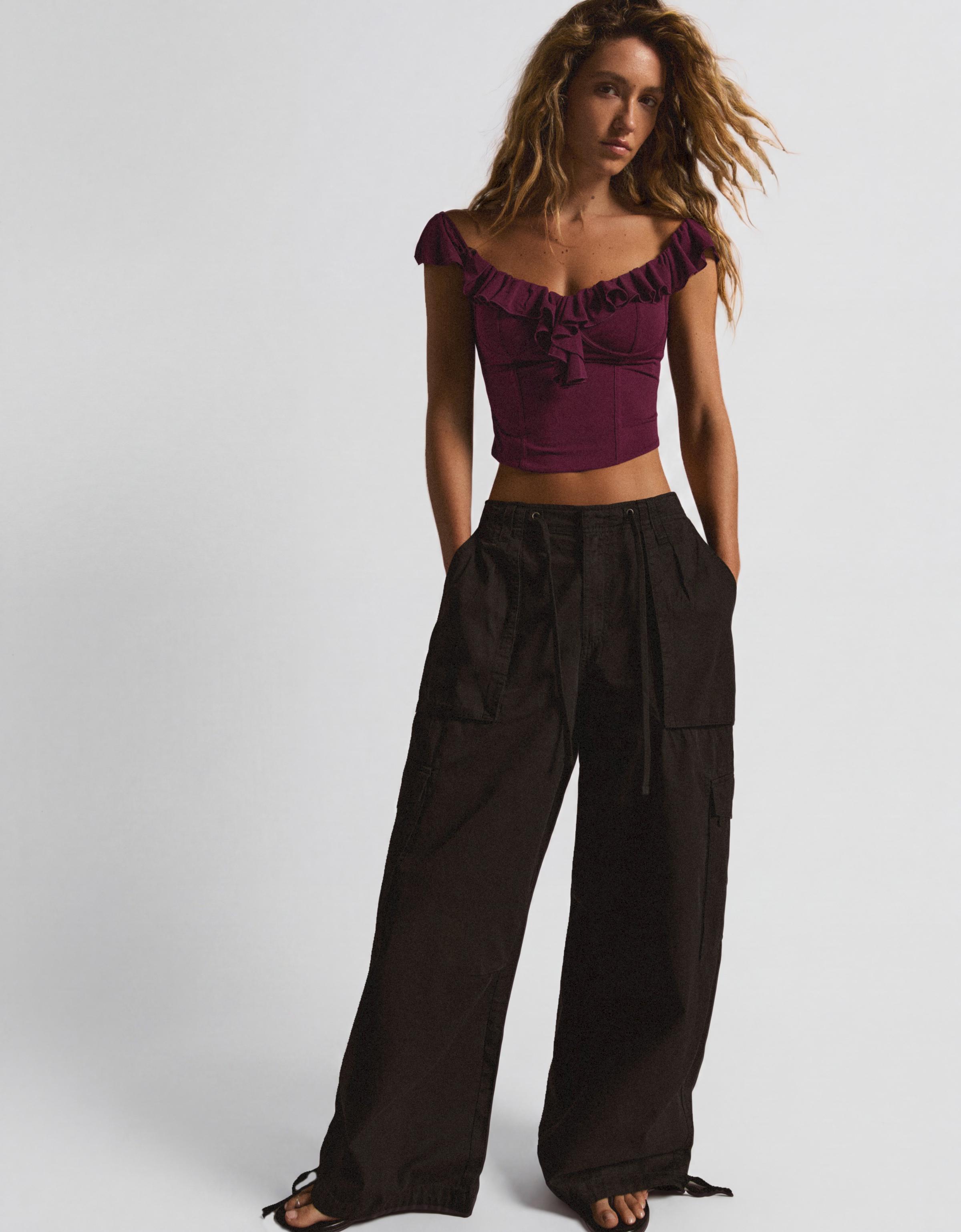 Bardot corset frill top — Burgundy