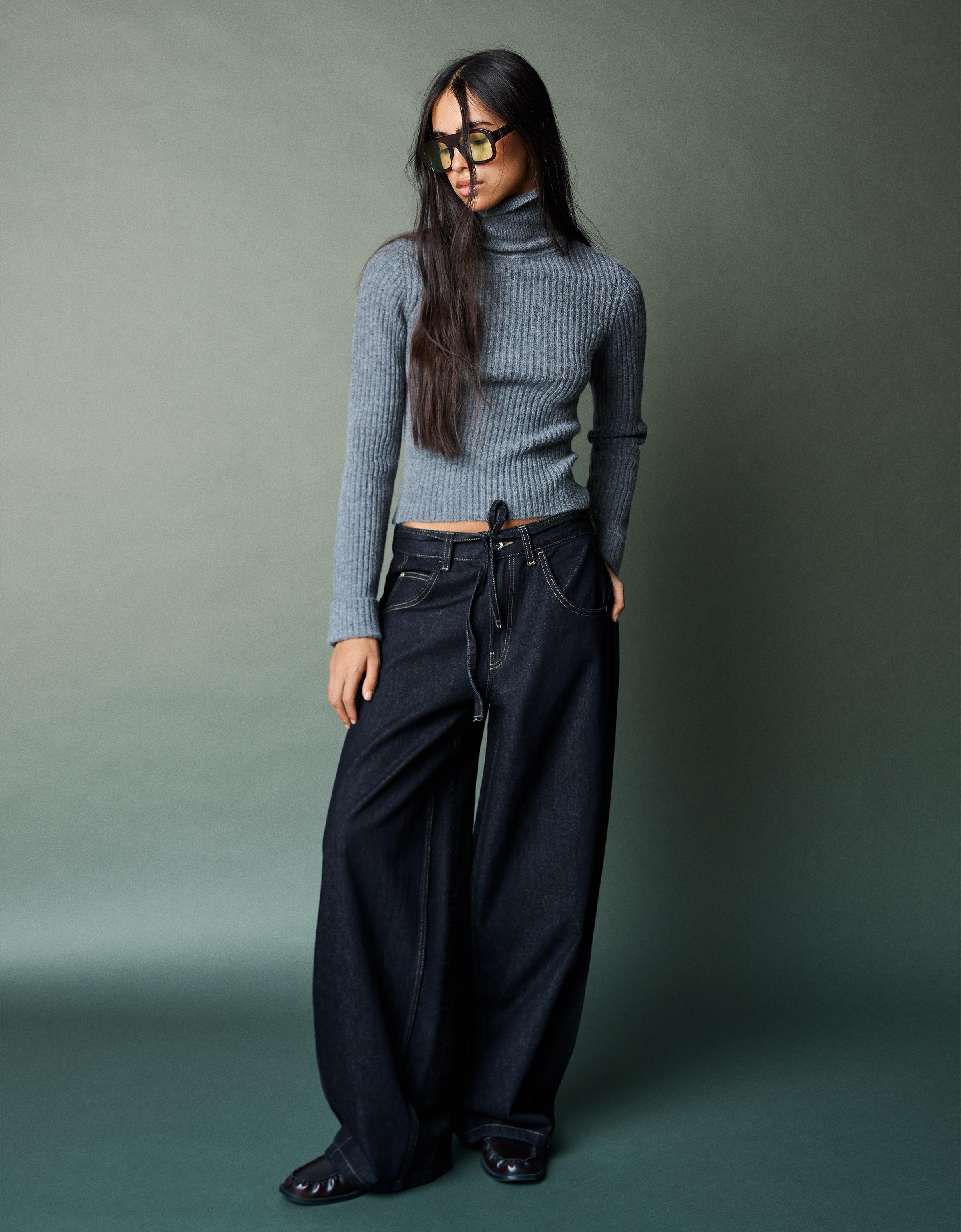 Bershka Jeans Mit Weitem Bein Und Gürtel Damen 42 Marinenblau